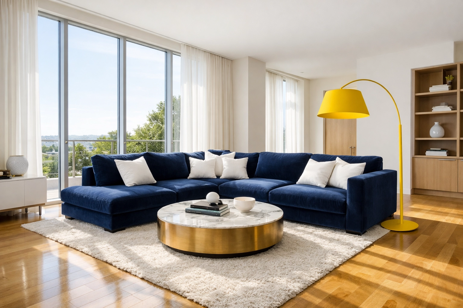 Professionally cleaned luxury living room with polished hardwood floors and blue furniture.
