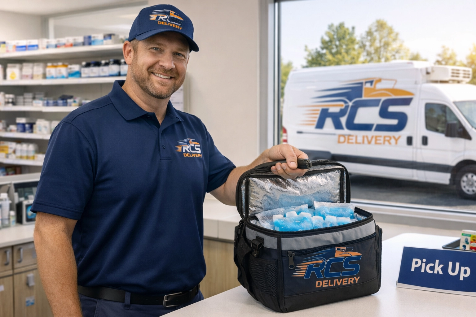 Temperature-controlled pharmacy delivery service with medical cooler bag for safe medication transport