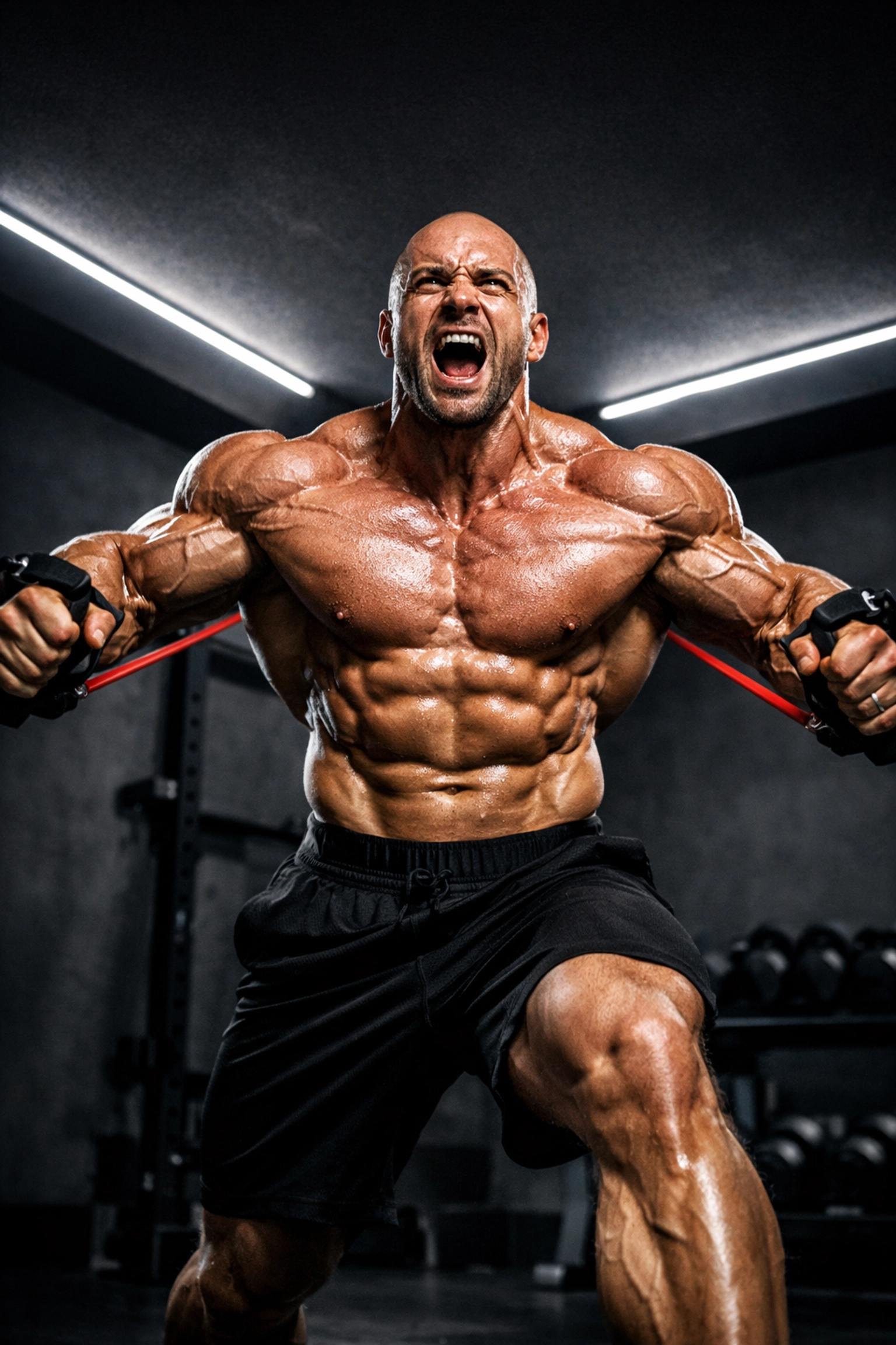 Athlete performing a deep chest fly with heavy resistance bands to maximize muscle growth at home.