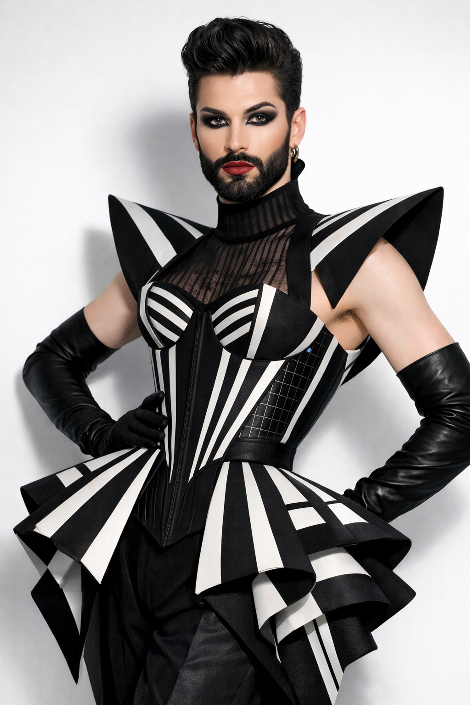 Bearded drag performer in haute couture celebrating gender fluidity and self-expression