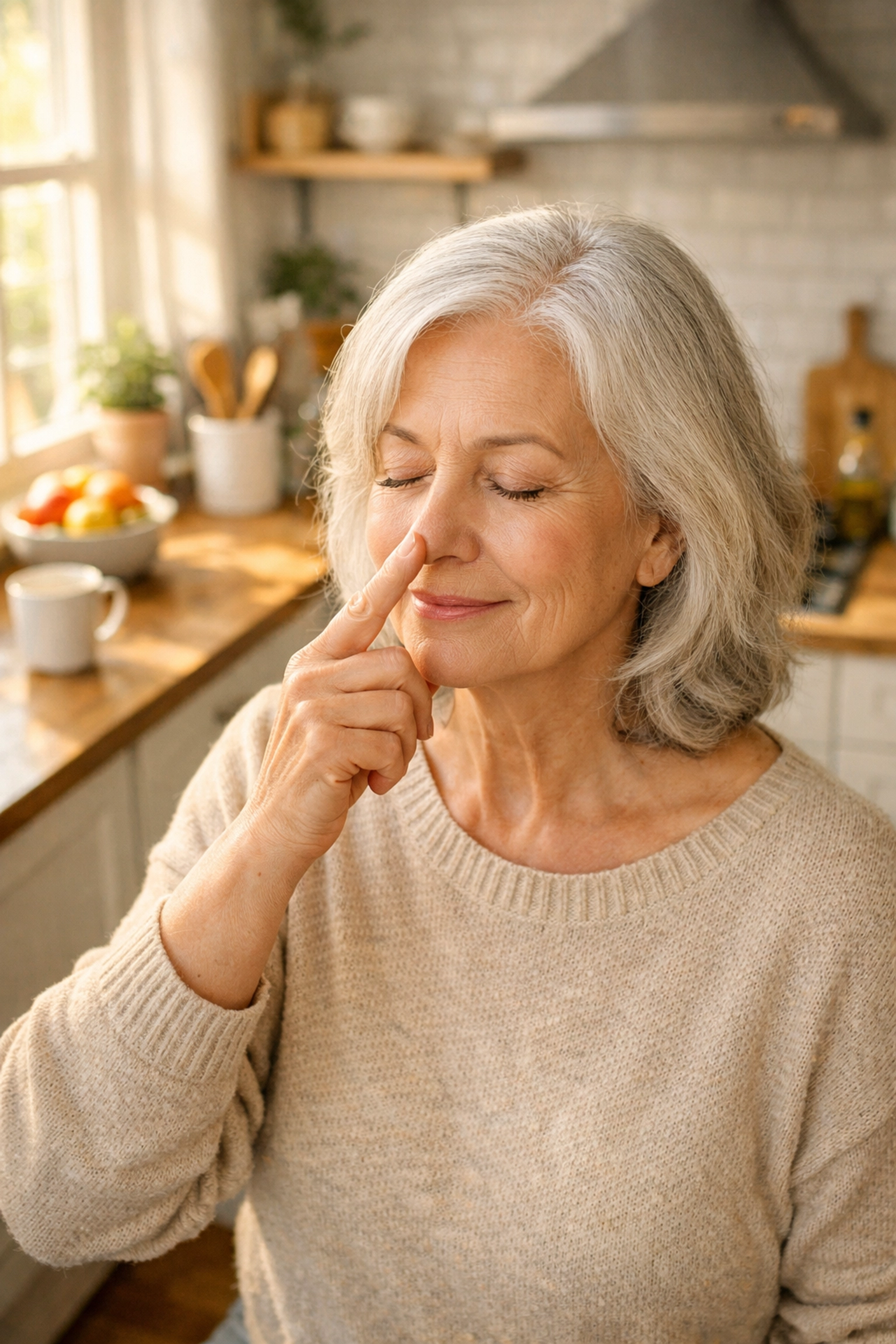 Senior woman testing proprioception by touching her nose with eyes closed in home kitchen