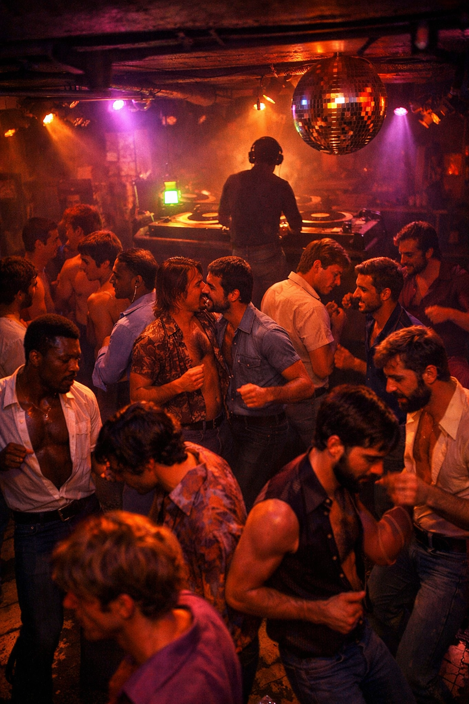 1970s NYC underground gay disco basement club with dancers and DJ spinning records