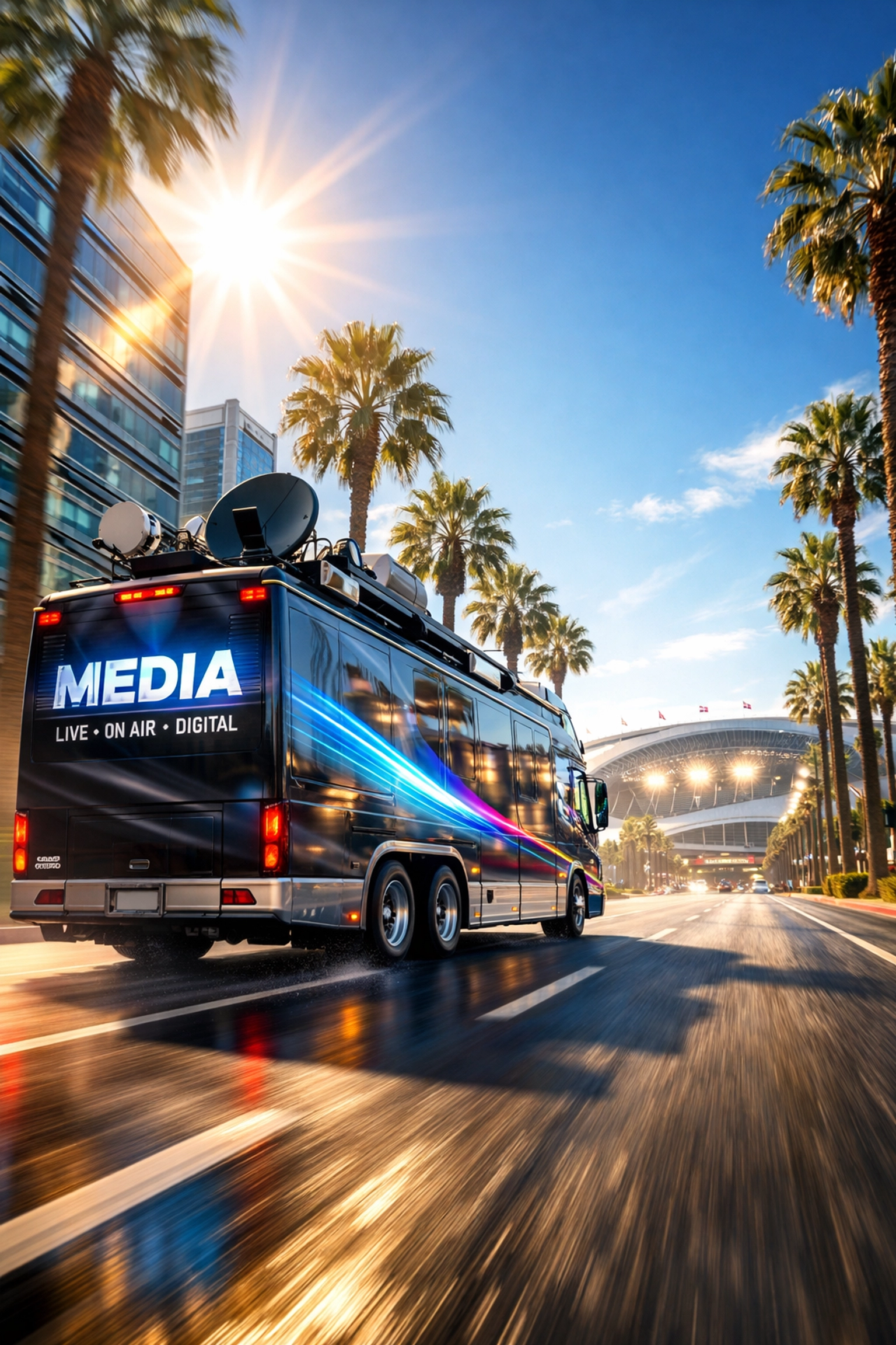 Modern digital media vehicle approaching a stadium, showcasing future-focused sports marketing strategy.