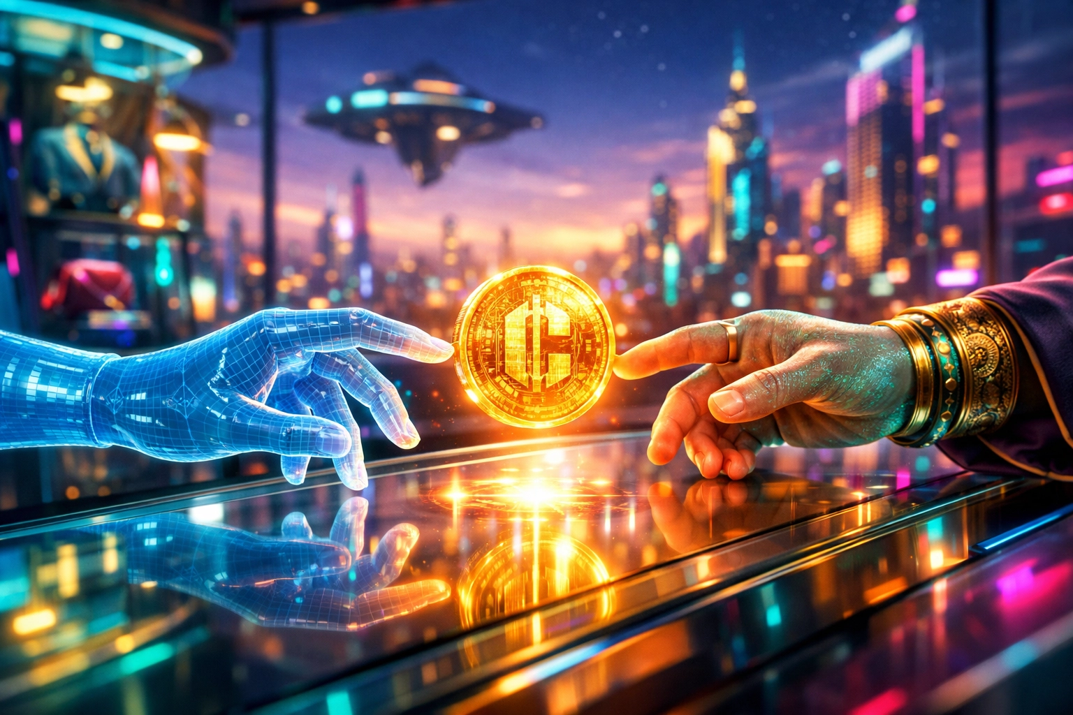 Secure metaverse shopping transaction showing instant settlement between a merchant and an avatar with Larecoin AI.