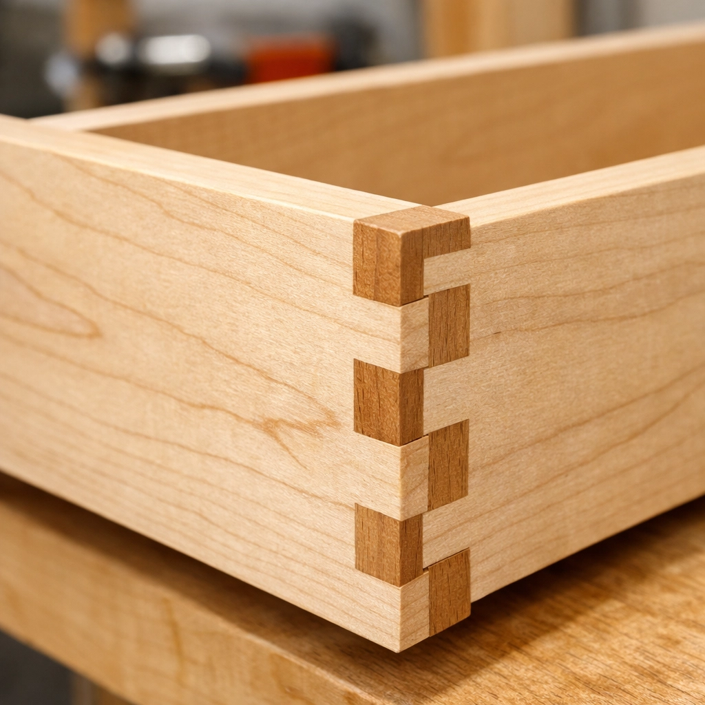 Close-up of a hand-crafted dovetail drawer joint on a solid maple custom bathroom vanity.