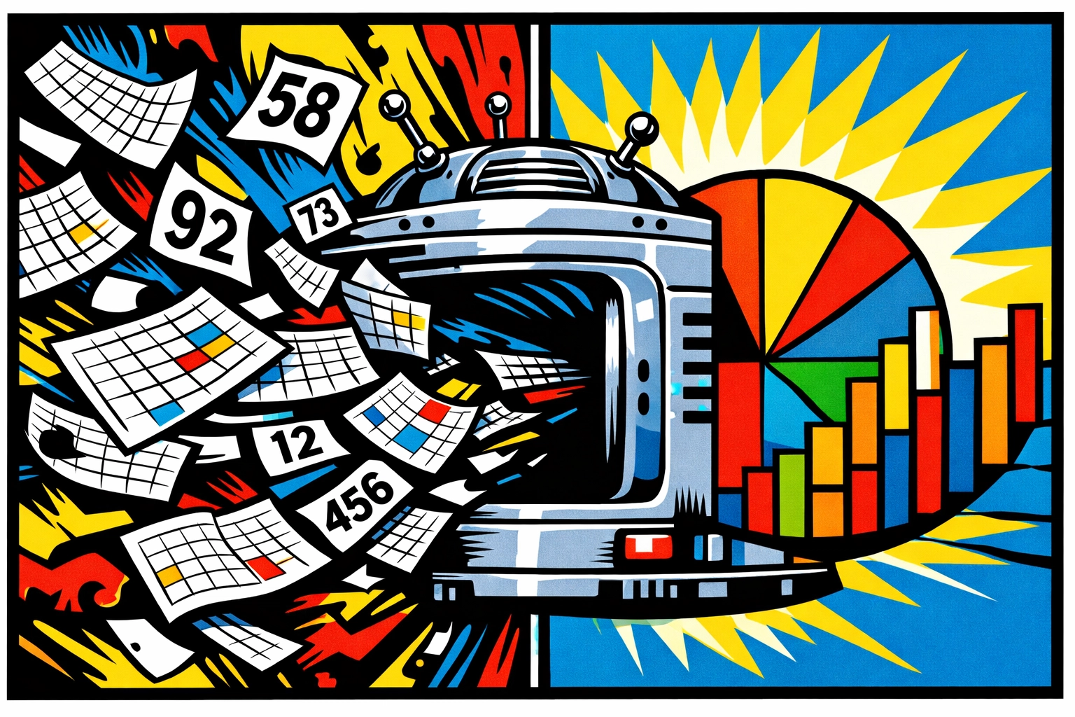 Pop art graphic of AI business automation tools transforming messy spreadsheets into clean reports.