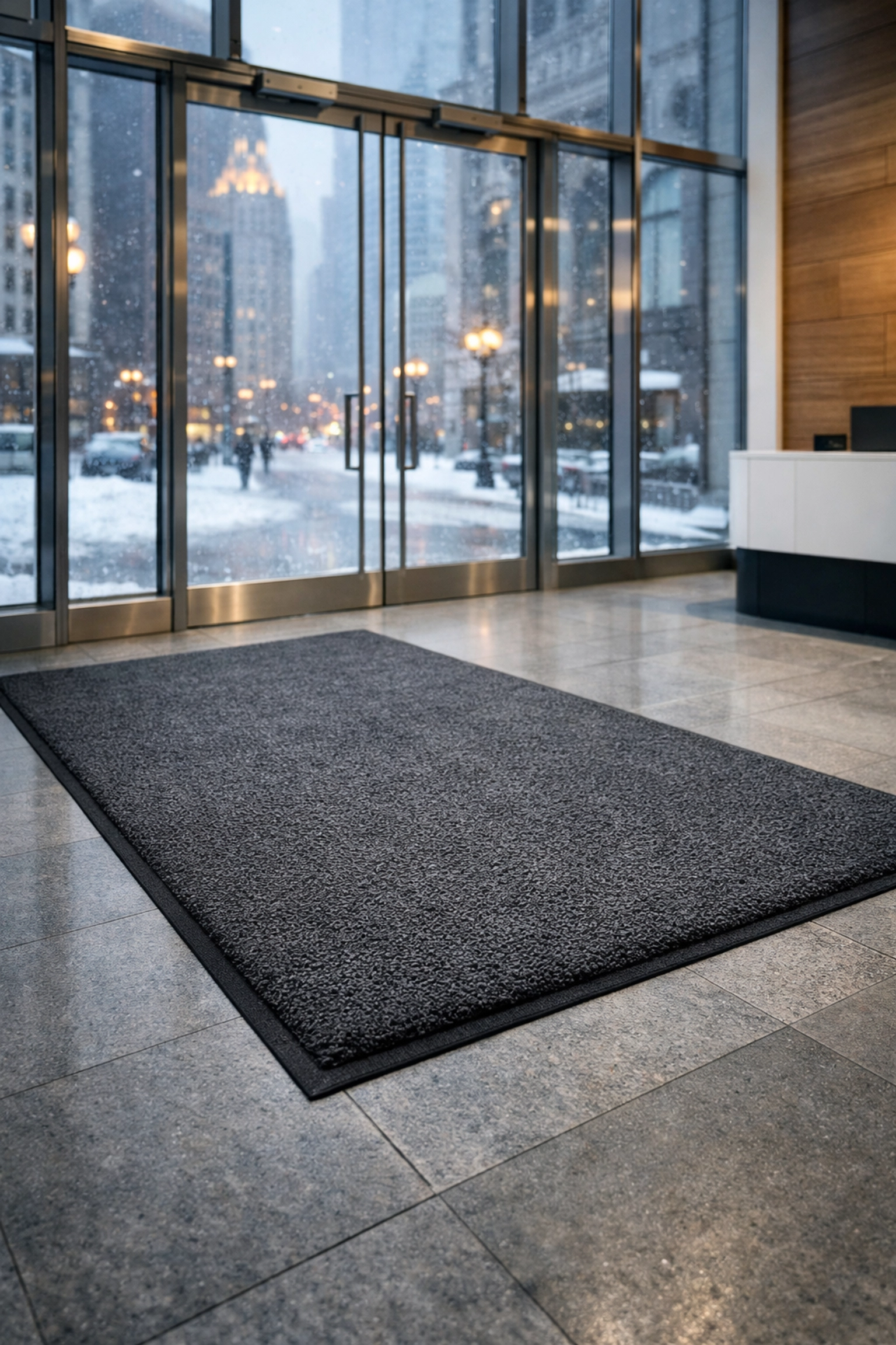 Clean charcoal gray walk-off mat in a modern Chicago office lobby during a snowy winter afternoon.
