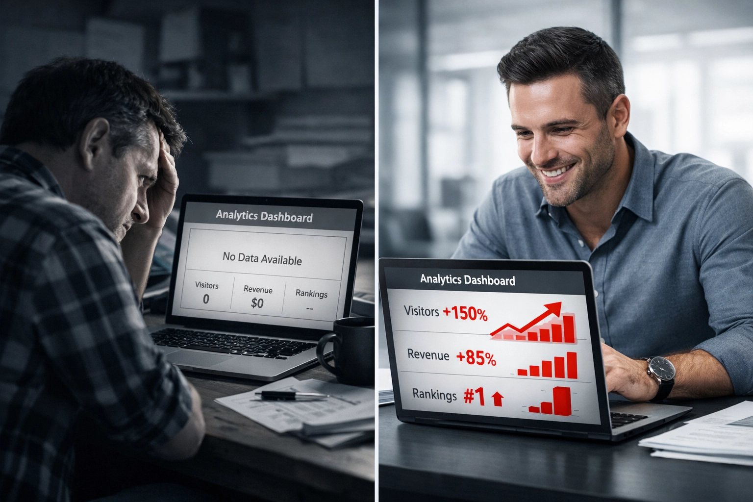 Small business owner with empty analytics vs competitor with growing blog traffic and rankings