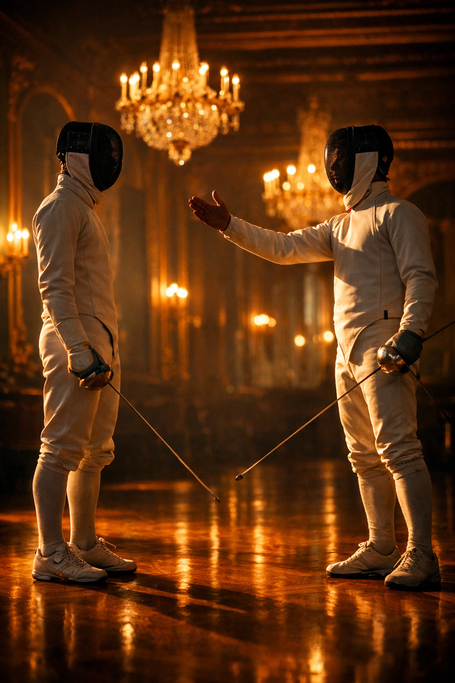 Two fencers in traditional salute position in elegant historical fencing salon