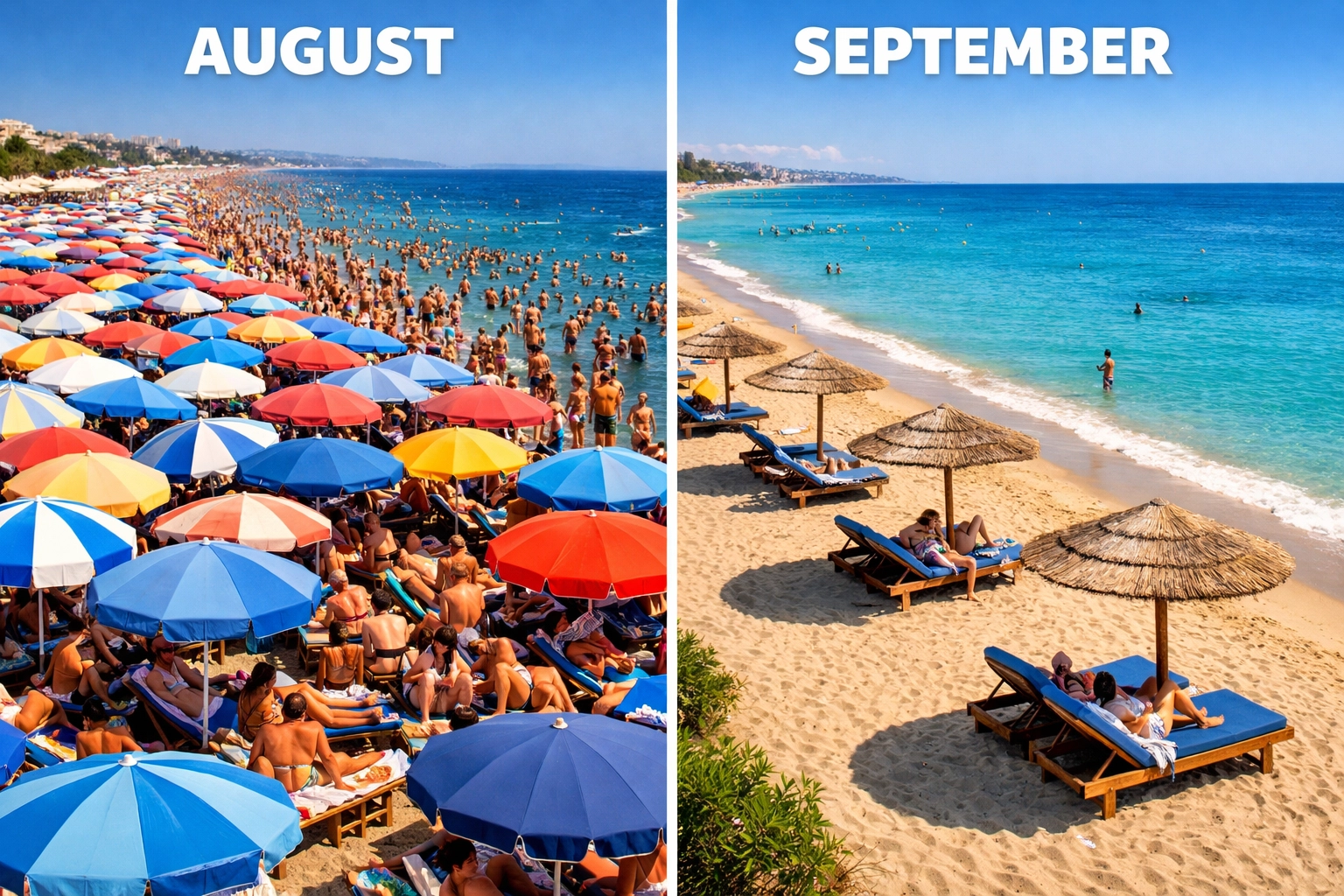 Beach comparison showing crowded August holiday versus spacious September with empty sunbeds