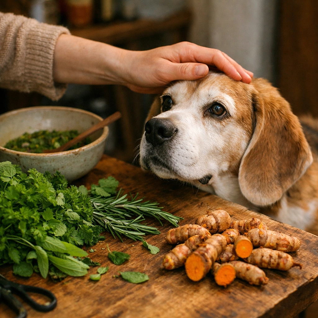 Senior Beagle with fresh herbs like turmeric prepared for gut-friendly canine lymphoma nutrition.