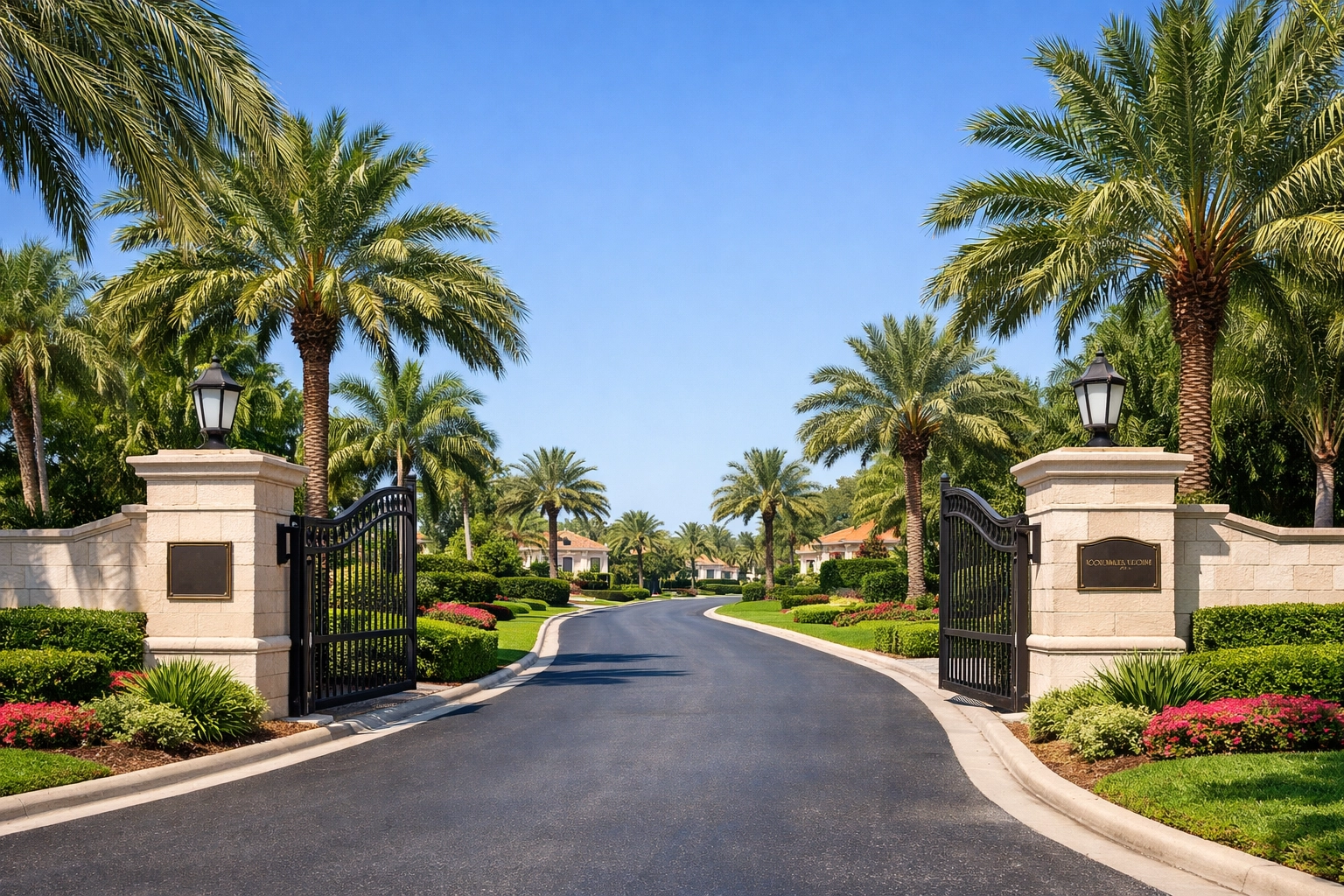 Luxury gated community entrance in Boca Raton highlighting high-end HOA maintenance and security.