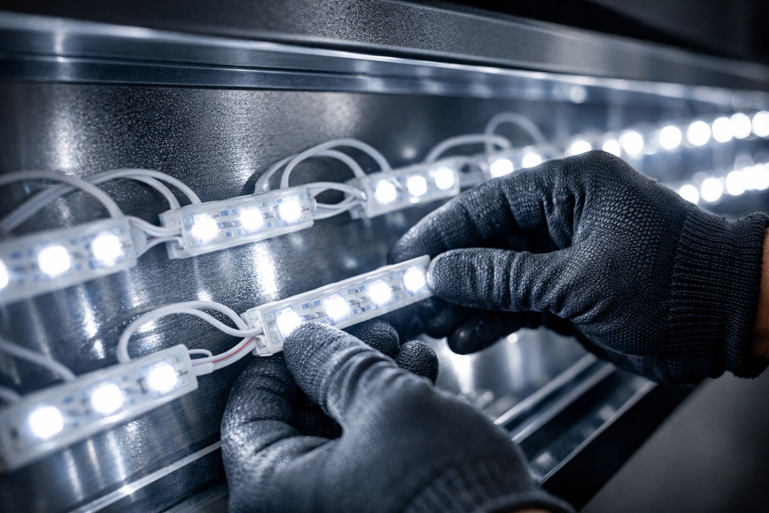 Professional technician installing energy-efficient LED modules for a commercial sign upgrade in DFW.
