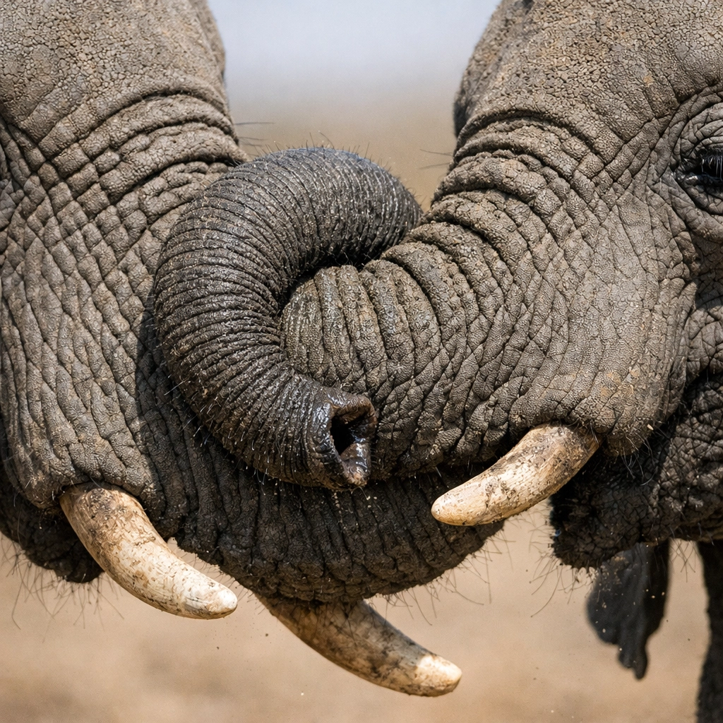 Macro view of African elephants entwining trunks, highlighting detailed textures and social interaction for visitors.