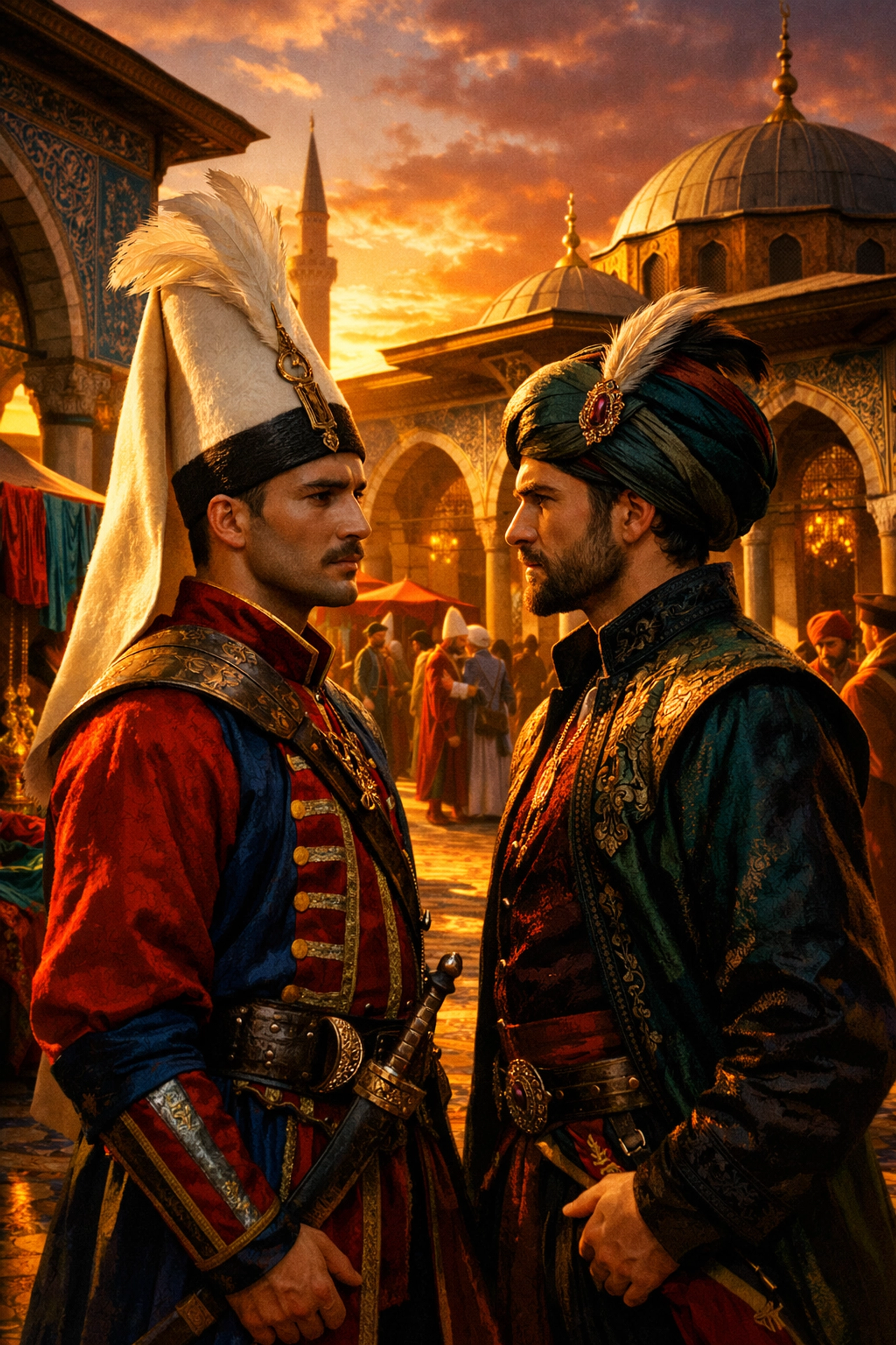 Two Ottoman soldiers exchange intense glances in 16th century Istanbul palace courtyard