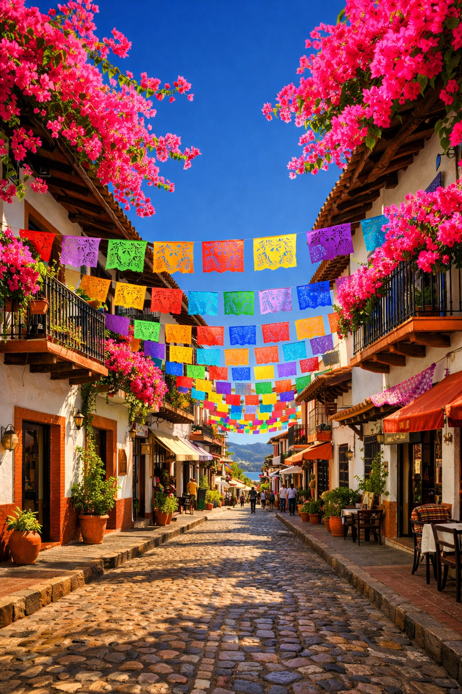 Vibrant cobblestone street in Old Town Puerto Vallarta with traditional red-tiled roofs and colorful banners.