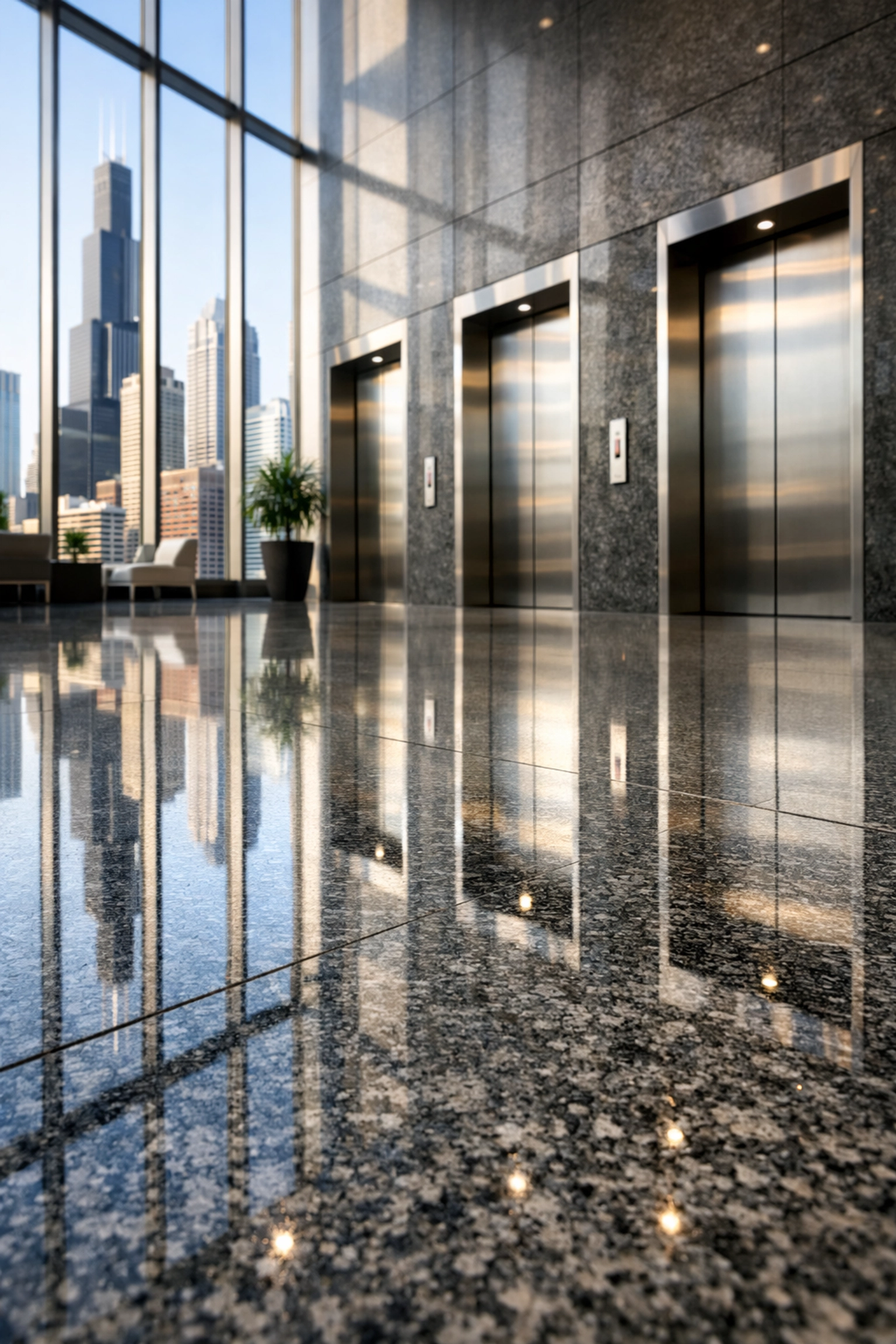 Pristine polished granite lobby floor in a Chicago high-rise demonstrating professional property maintenance.