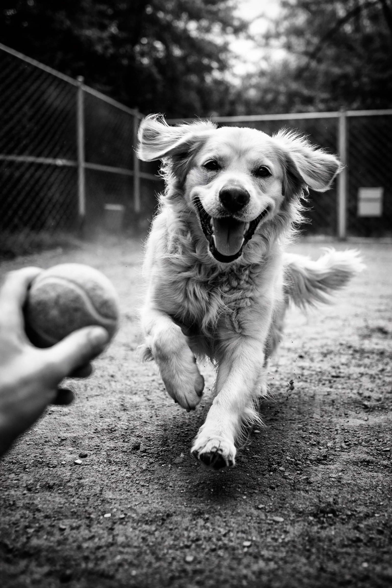 Golden retriever joyfully running in a dog shelter play yard, demonstrating the fun of volunteering with shelter animals.