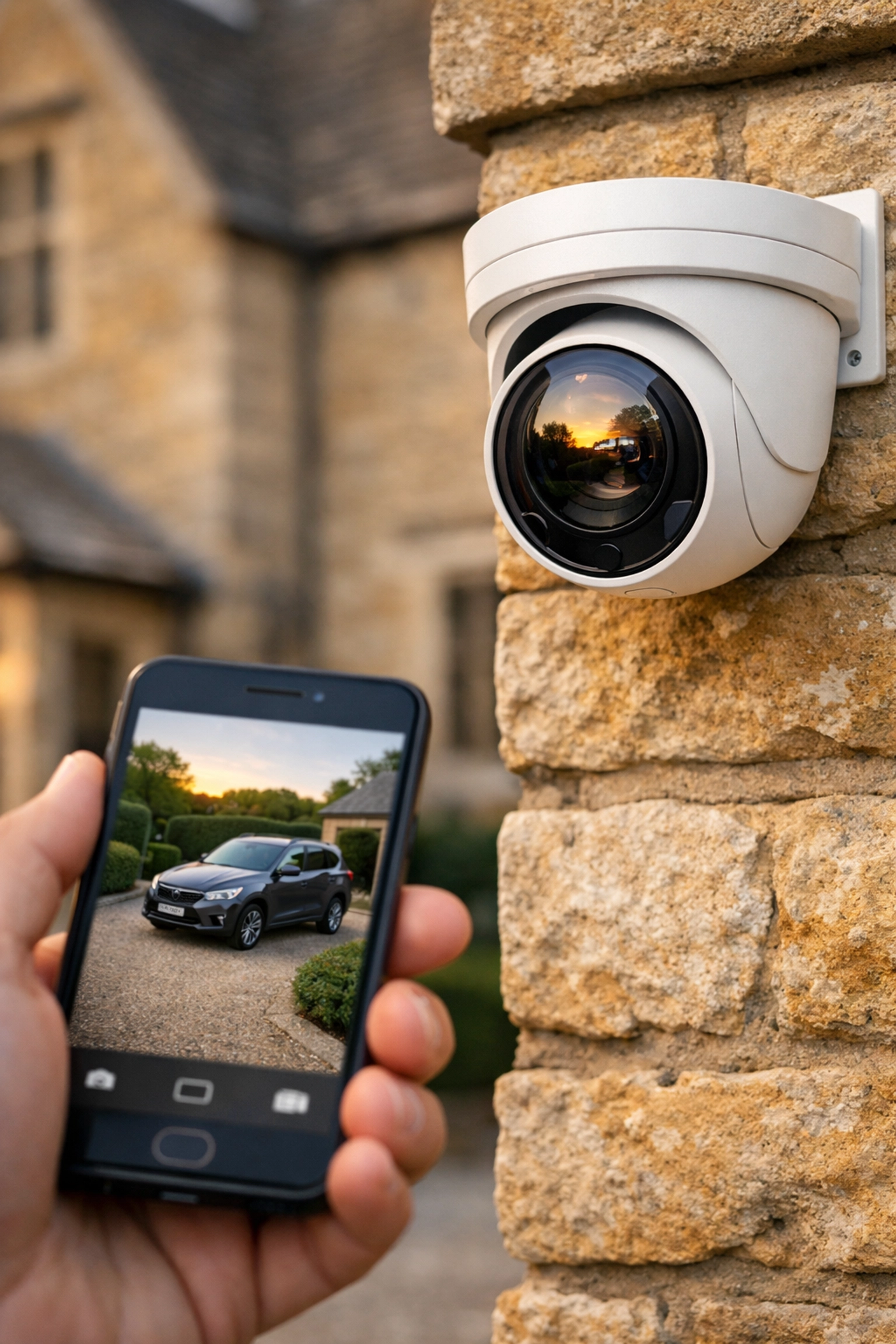 Smartphone showing high-definition live video from a CCTV camera installed on a traditional Oxford house.