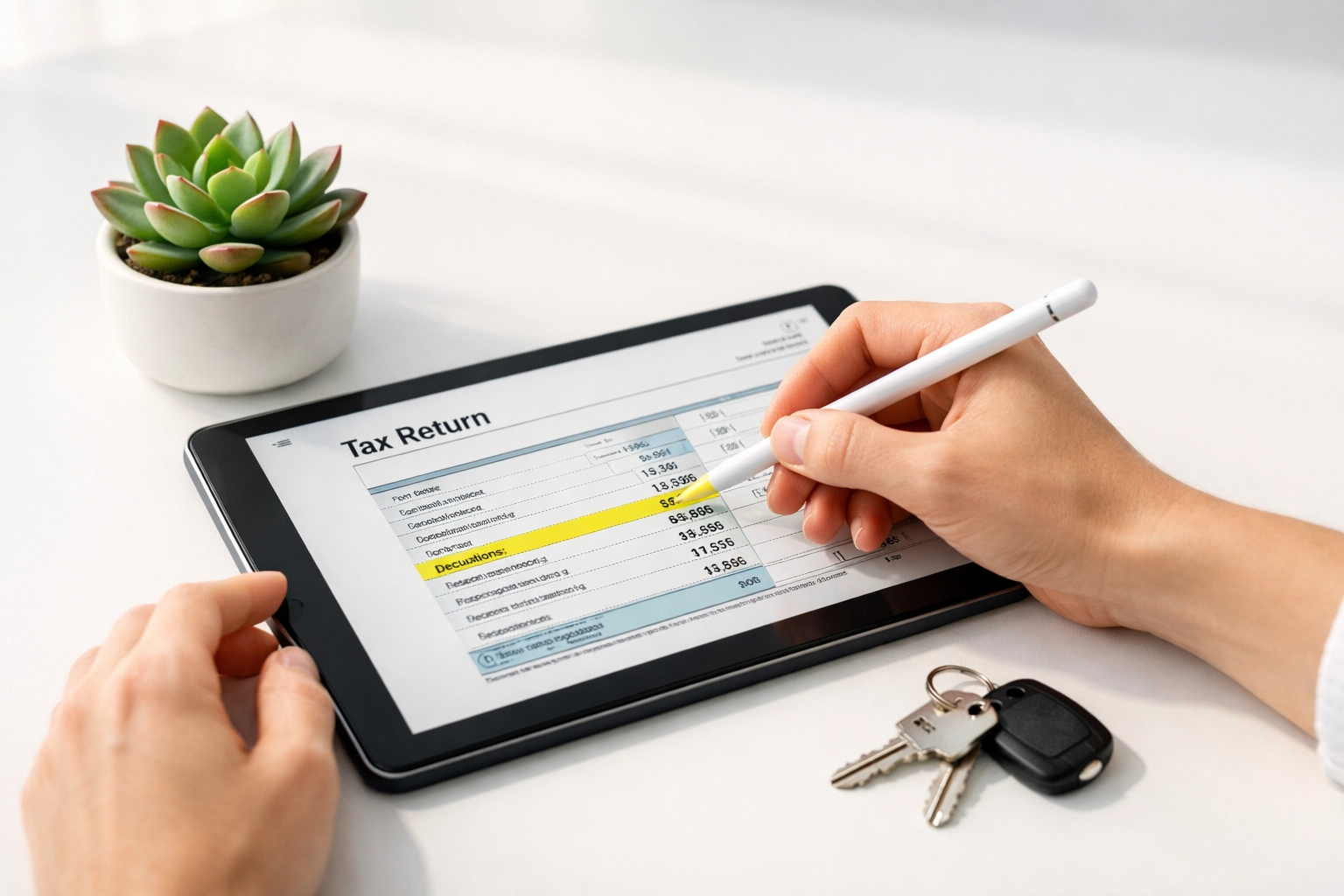 Business owner using a digital tablet to research small business tax deductions and credits.