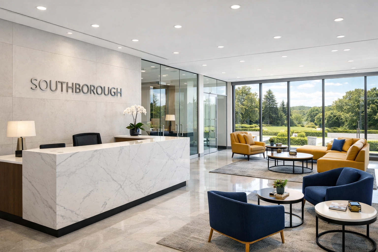A clean and professional Southborough corporate office lobby maintained by expert commercial cleaning services.