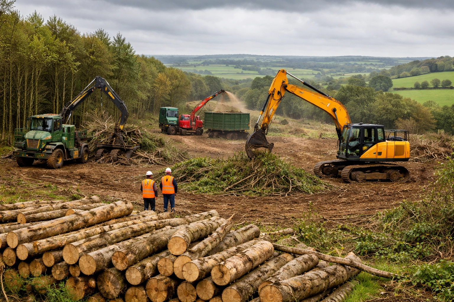Commercial site clearance in the UK countryside with machinery and workers safely removing trees and debris