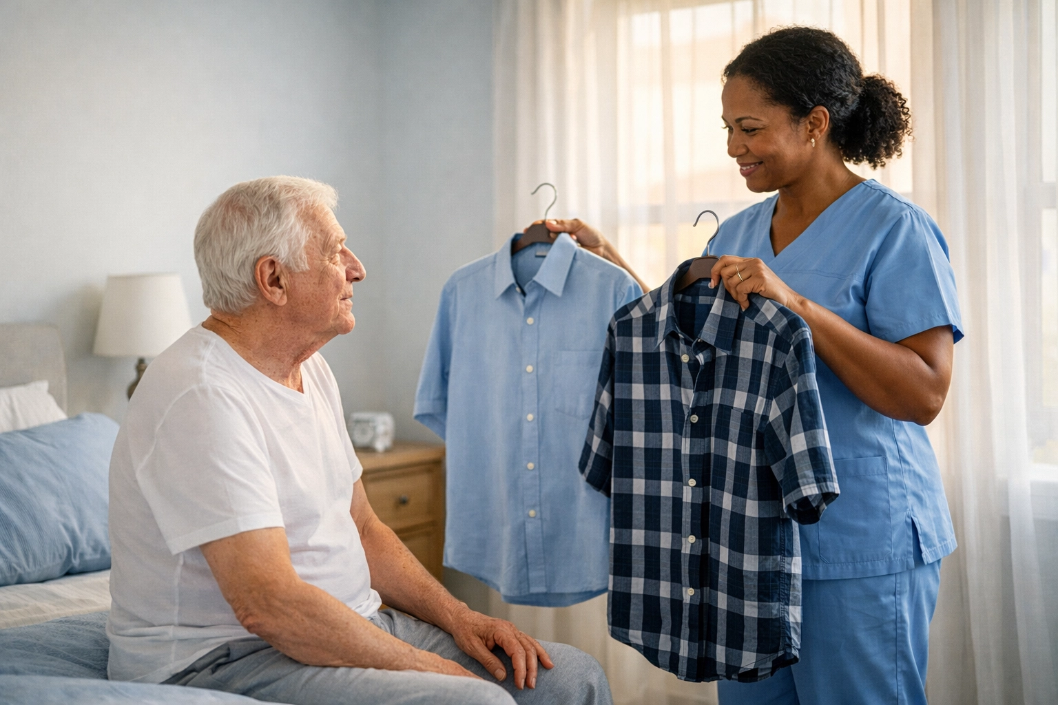Personal care assistant helping senior choose clothing during morning routine at home