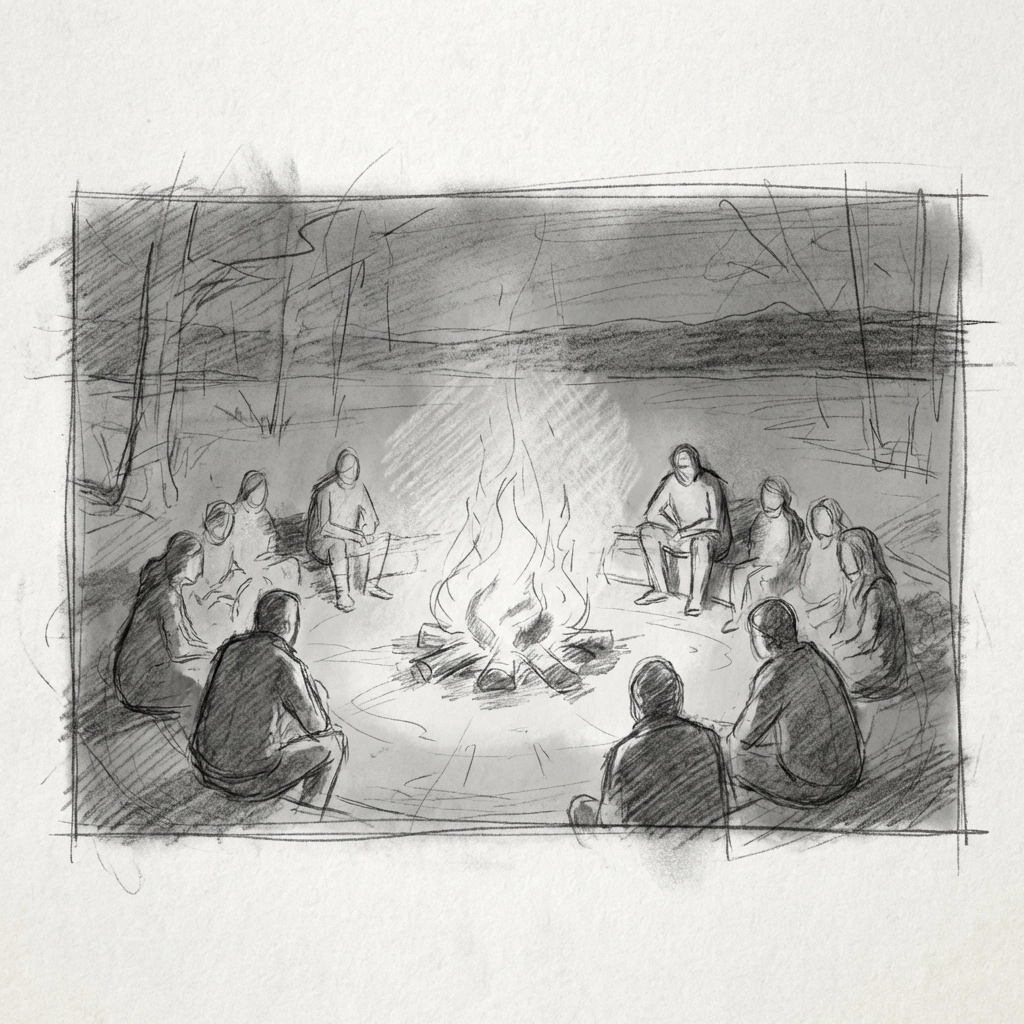 Graphite drawing of people around a campfire at night, symbolizing the story engine in episodic storytelling.