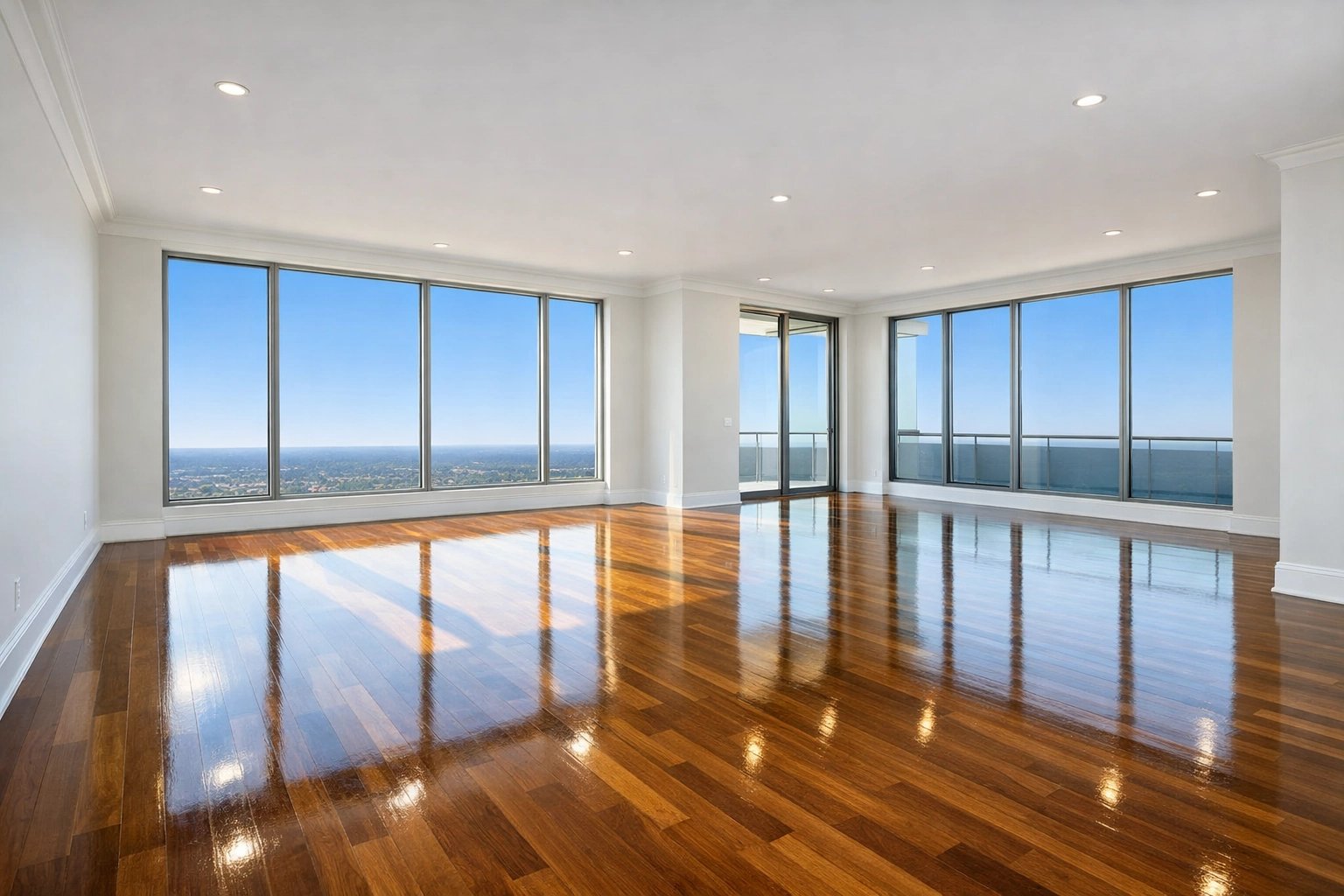 Pristine empty living room with sunlit polished floors after a professional cleaning.