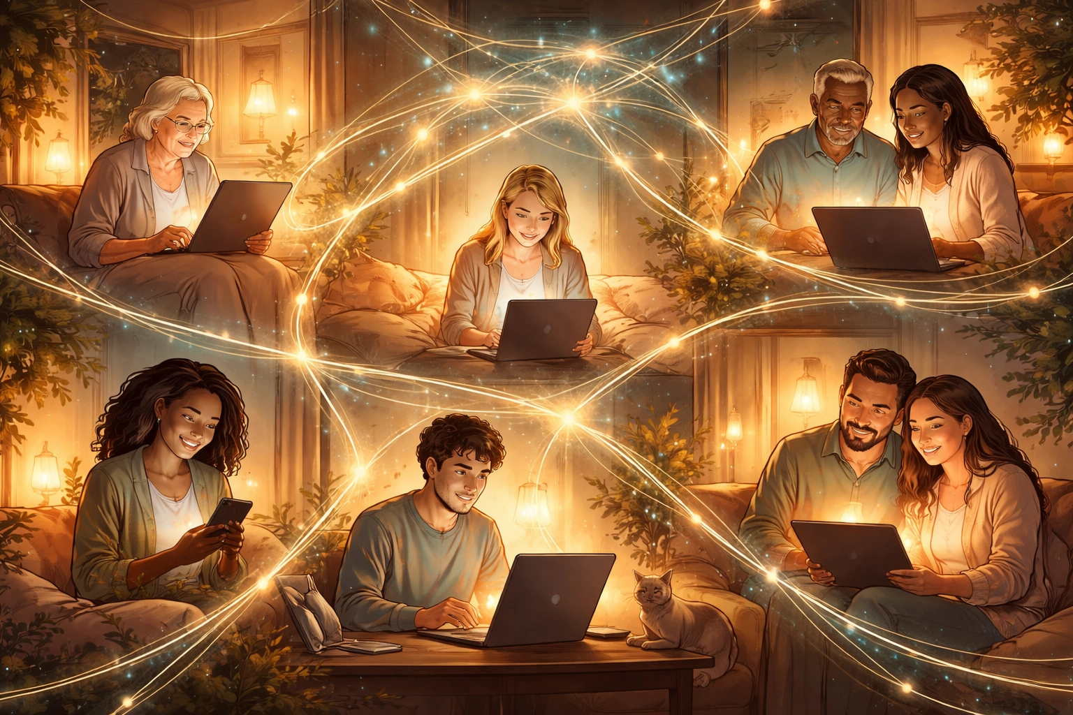Diverse individuals connected online in their homes, showing unity and fellowship in digital community.