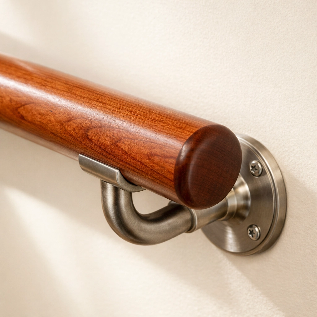 Sturdy wooden handrail with a secure grip and reinforced metal brackets for reliable stair safety.