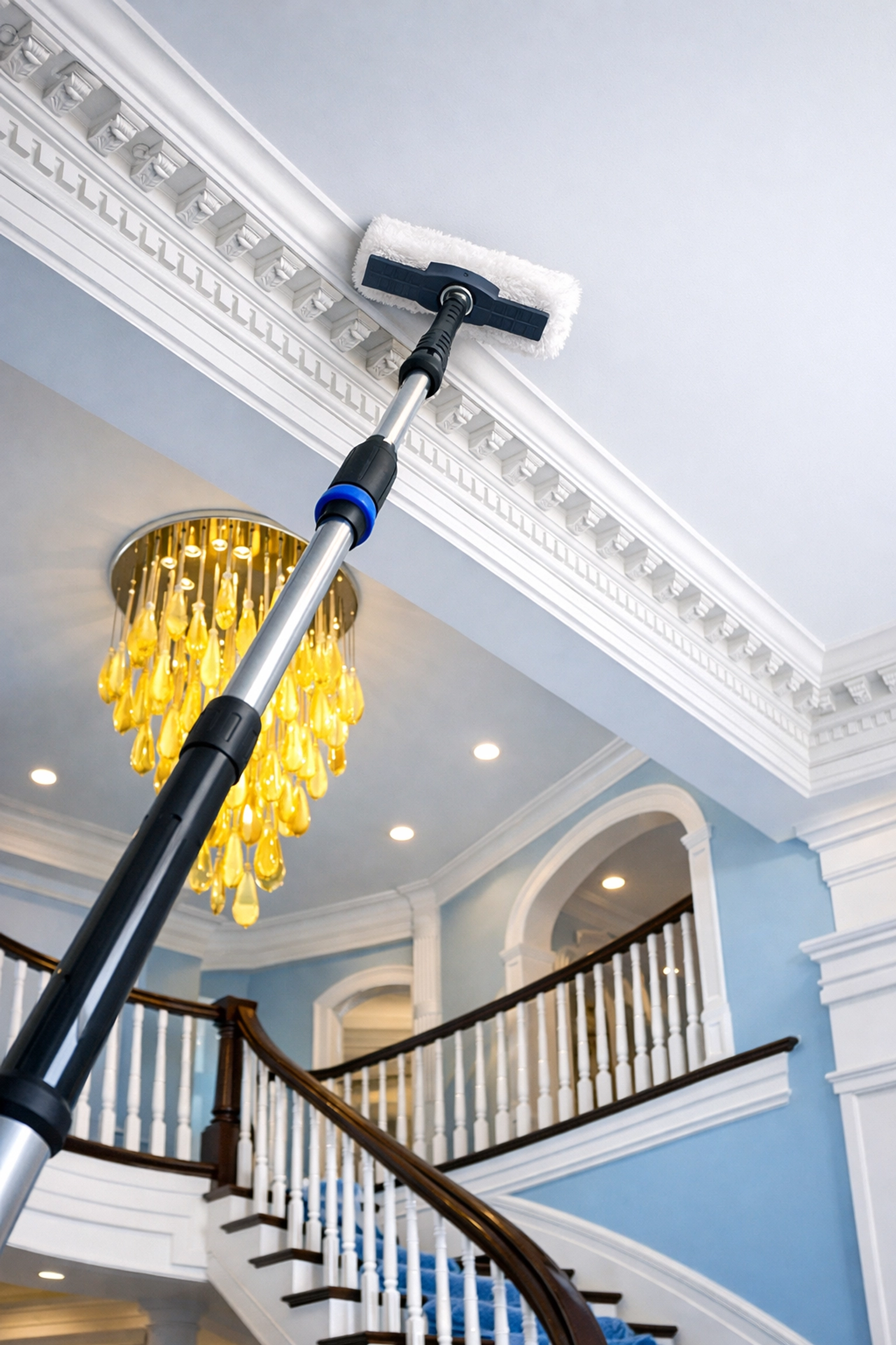 Professional high-reach dusting of a luxury foyer as part of a detailed post-construction cleaning MA project.