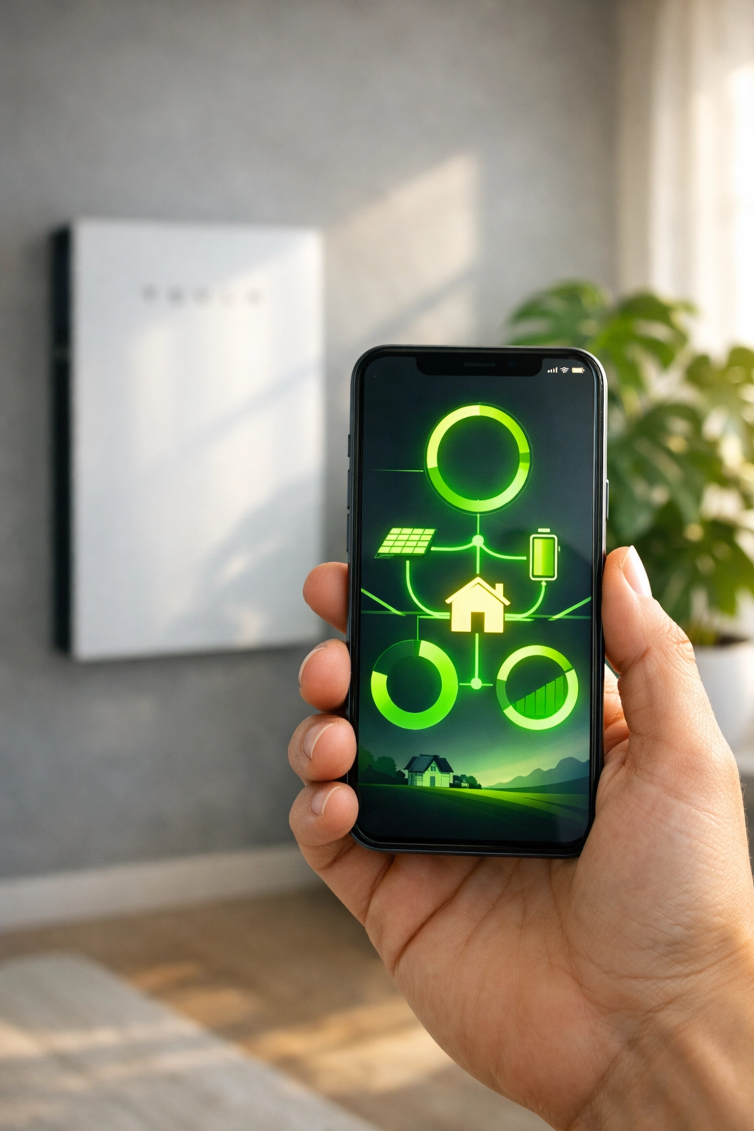 Hand holding a solar monitoring app showing energy usage with a Tesla Powerwall in a modern home.