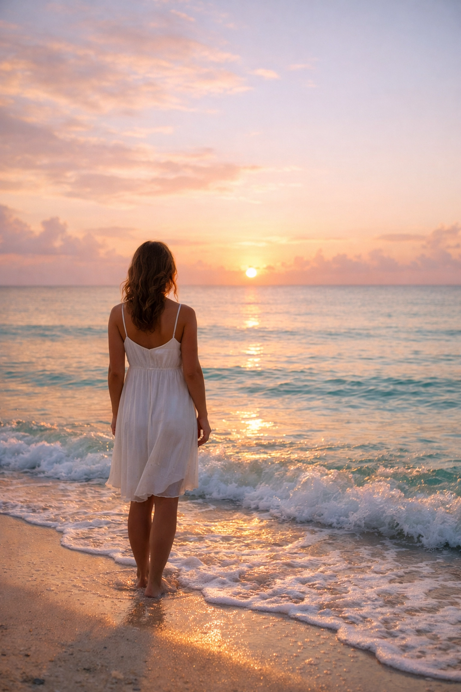 A woman stands on a Florida beach at sunrise, symbolizing a fresh start and healing in her recovery journey.
