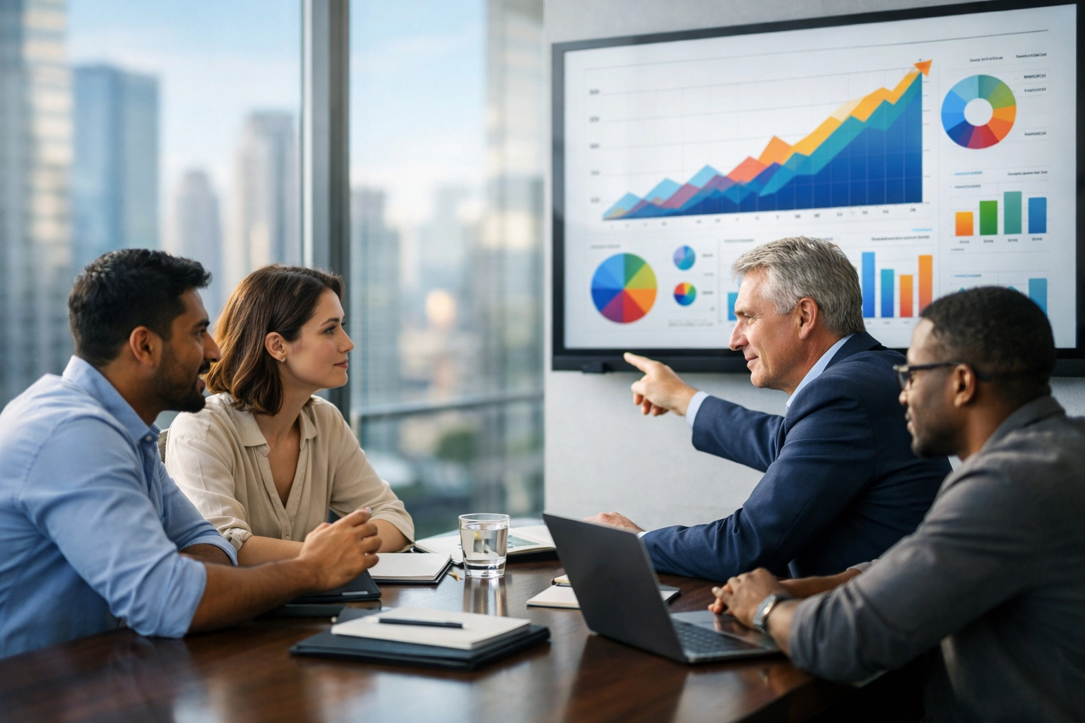IT consultants and executives reviewing ServiceNow ROI growth charts in a modern glass office.