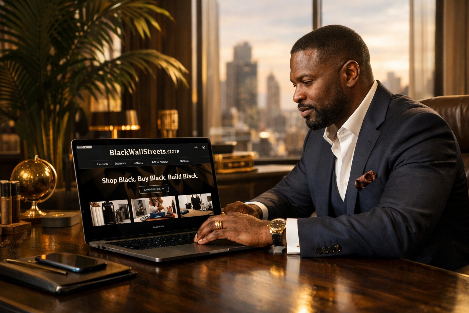 Black entrepreneur in a high-end office using a laptop to scale his Modern Black Wall Street business.