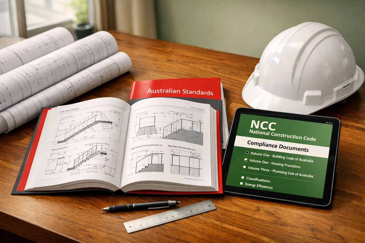 NCC 2025 compliance documents and Australian Standards manual on architect's desk