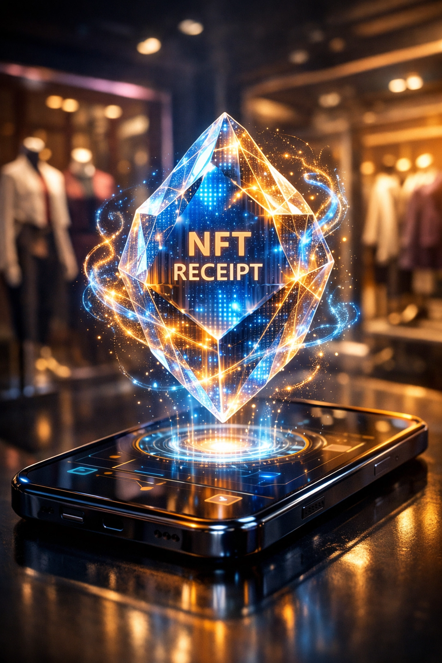 Secure digital NFT receipt hologram for Larecoin.ai metaverse shopping inside a virtual fashion boutique.