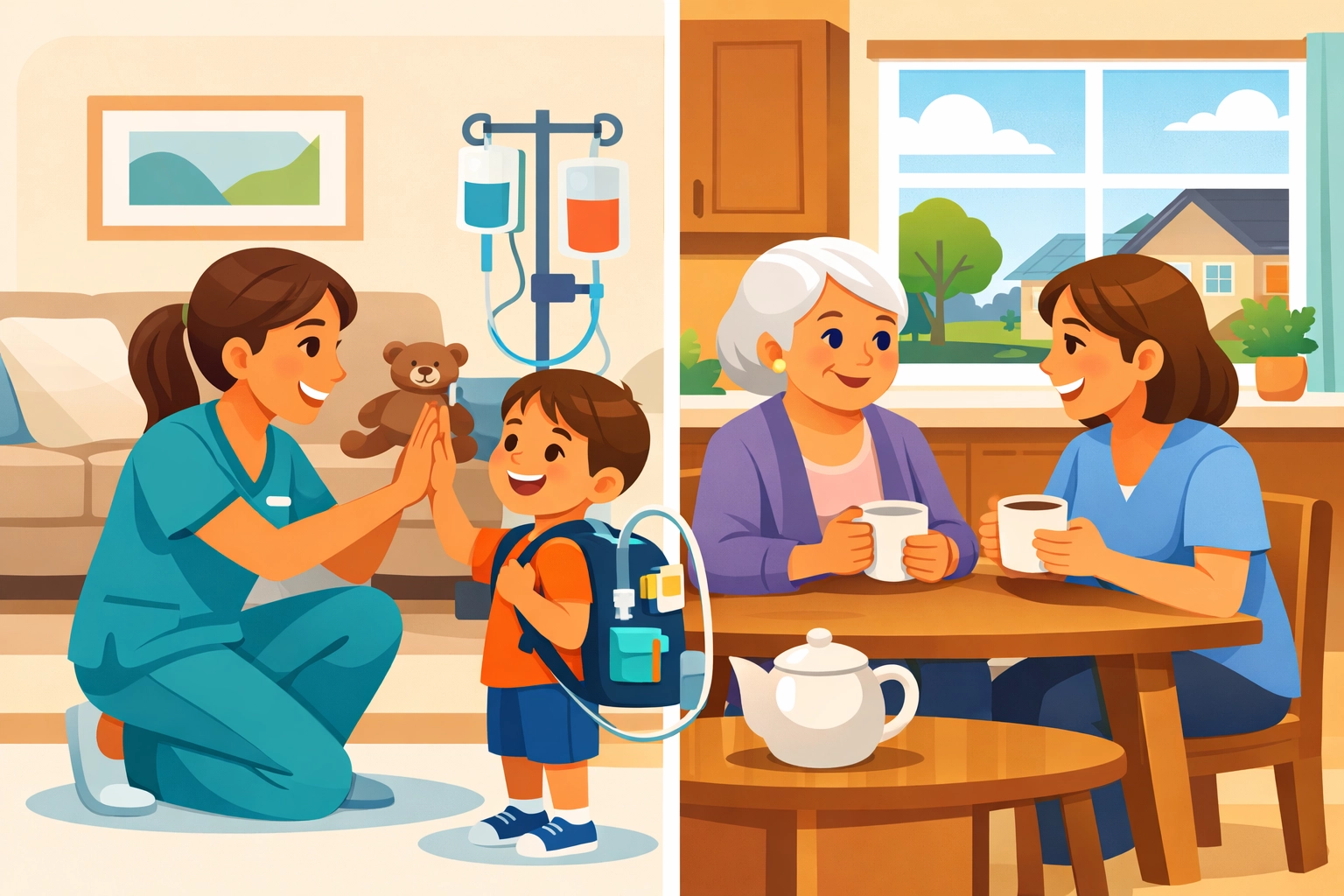 Nurse assisting a child and caregiver with a senior, representing the diverse options for home care in GA.