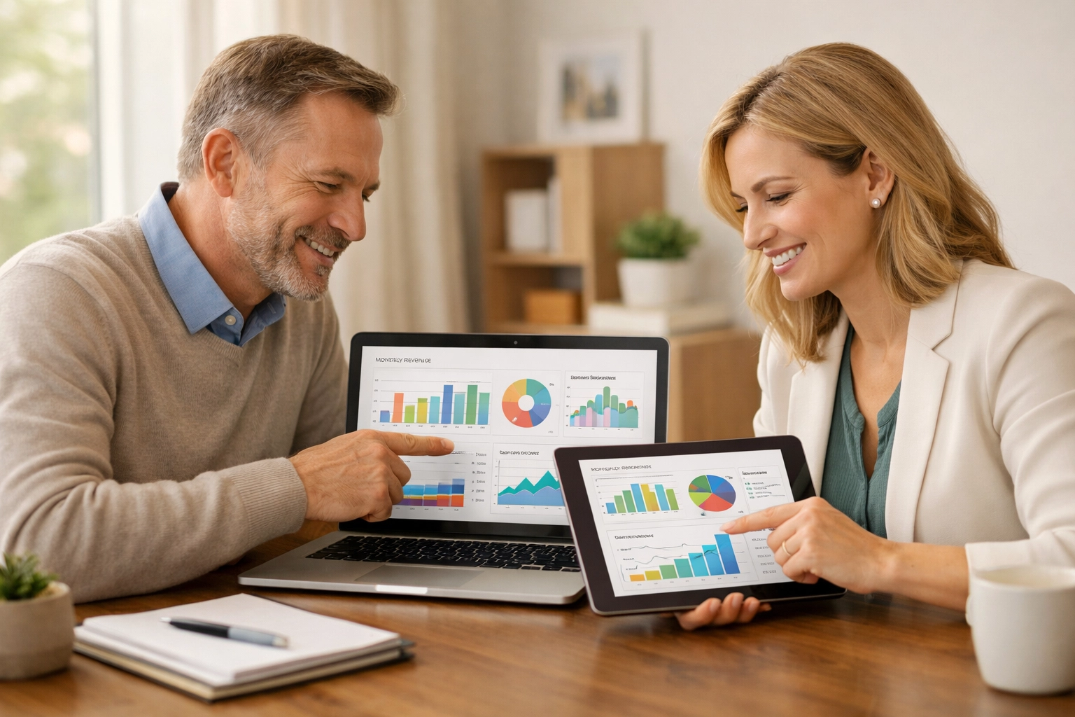 Professional coach and financial consultant reviewing dashboards, illustrating fractional CFO financial clarity for coaches