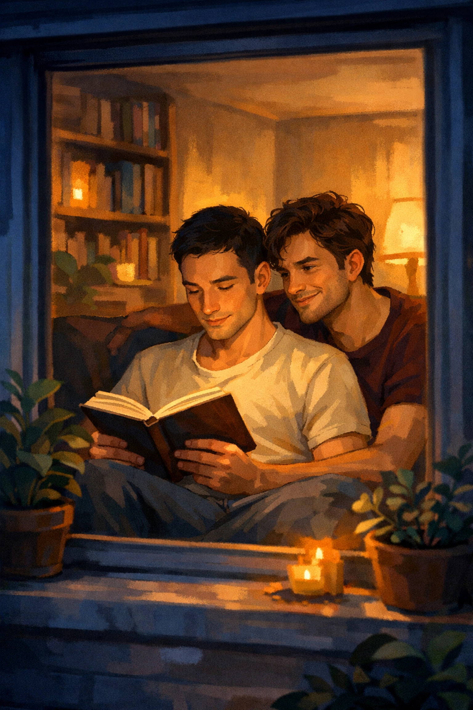 Gay couple enjoying quiet evening at home with MM romance book