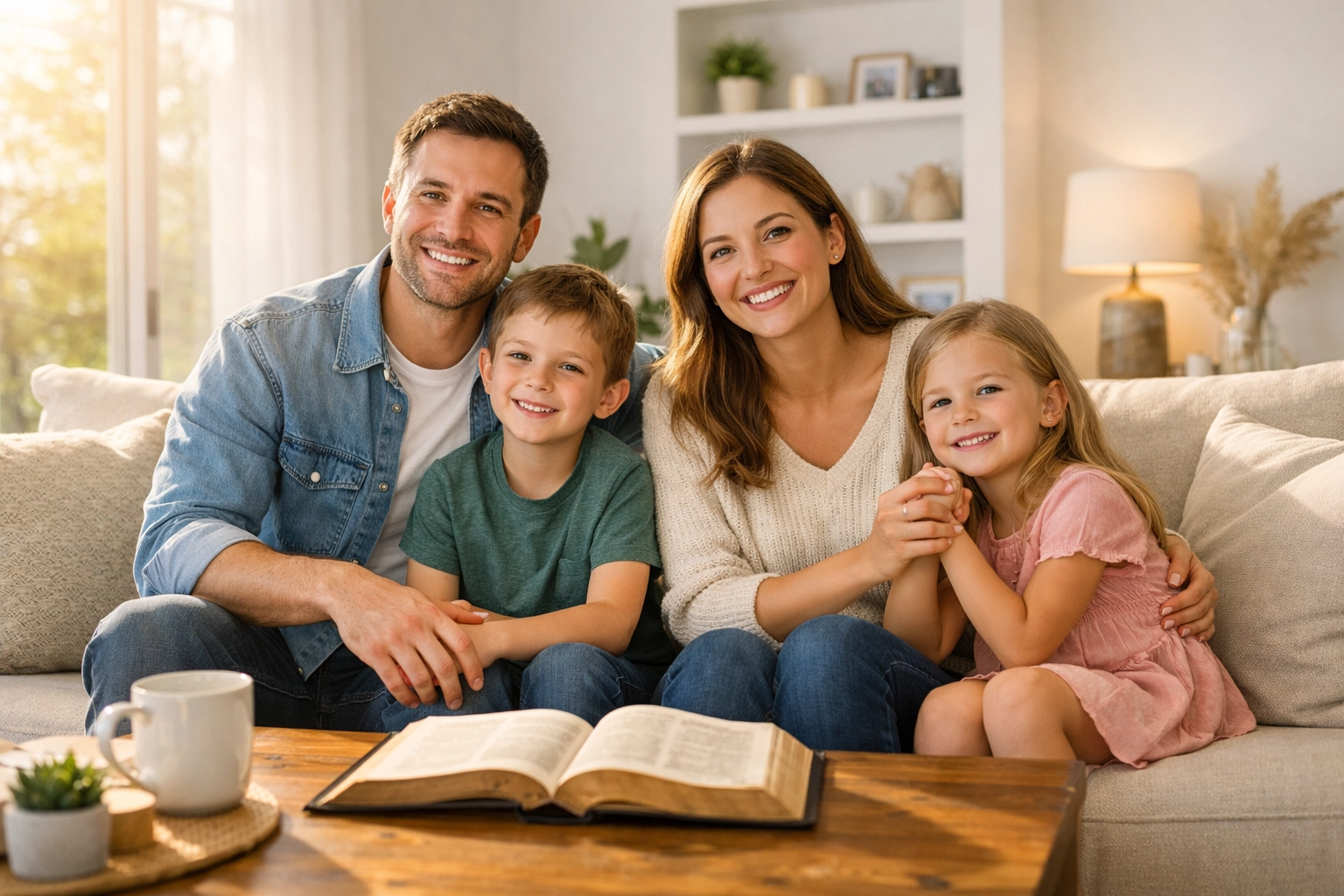 A family watching live stream church services for homebound members in their living room.