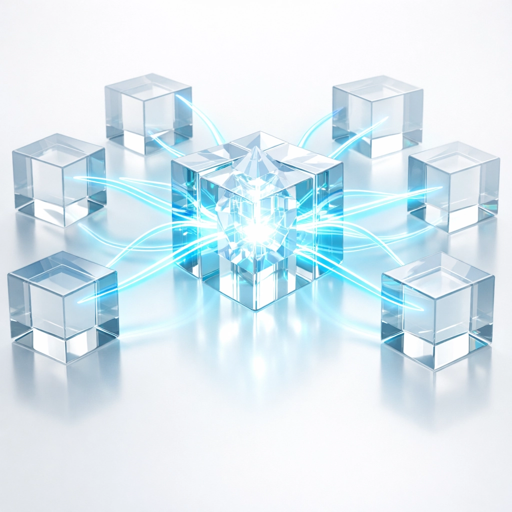 Integrated data cubes connected by blue light, showing the transition from siloed systems to unified workflows.