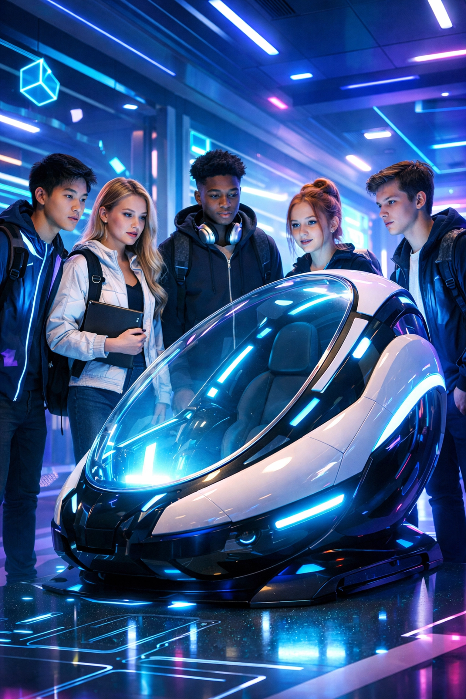 Gen Z high school students exploring a high-tech simulation pod to develop future-ready STEM and digital skills.