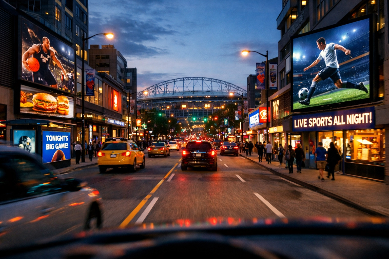 Urban street lined with digital screens leading to sports venue showing DOOH network coverage