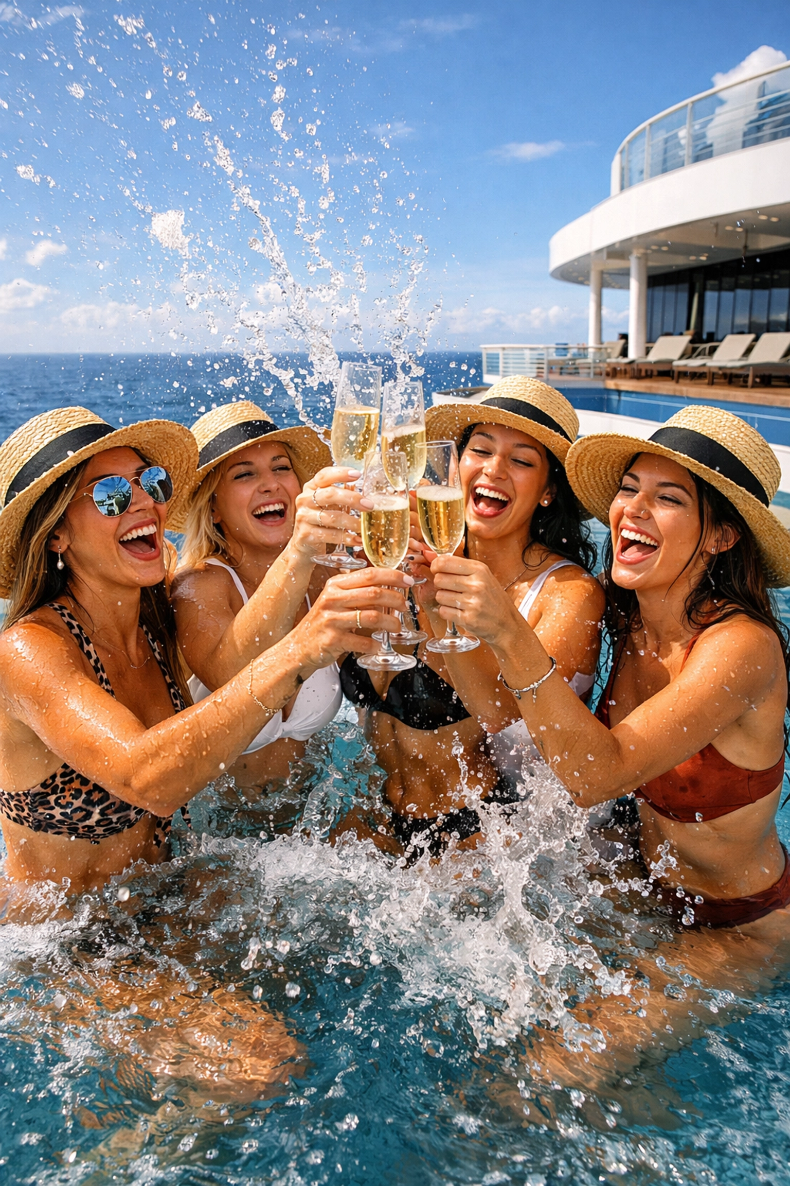Friends celebrating with a champagne toast in a cruise ship infinity pool at sea.