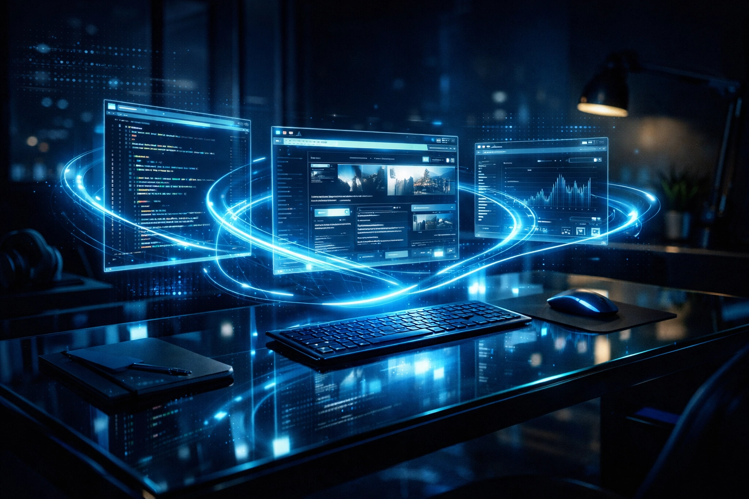 An autonomous GPT-5.4 AI agent navigating digital browsers and code on a holographic workstation interface.