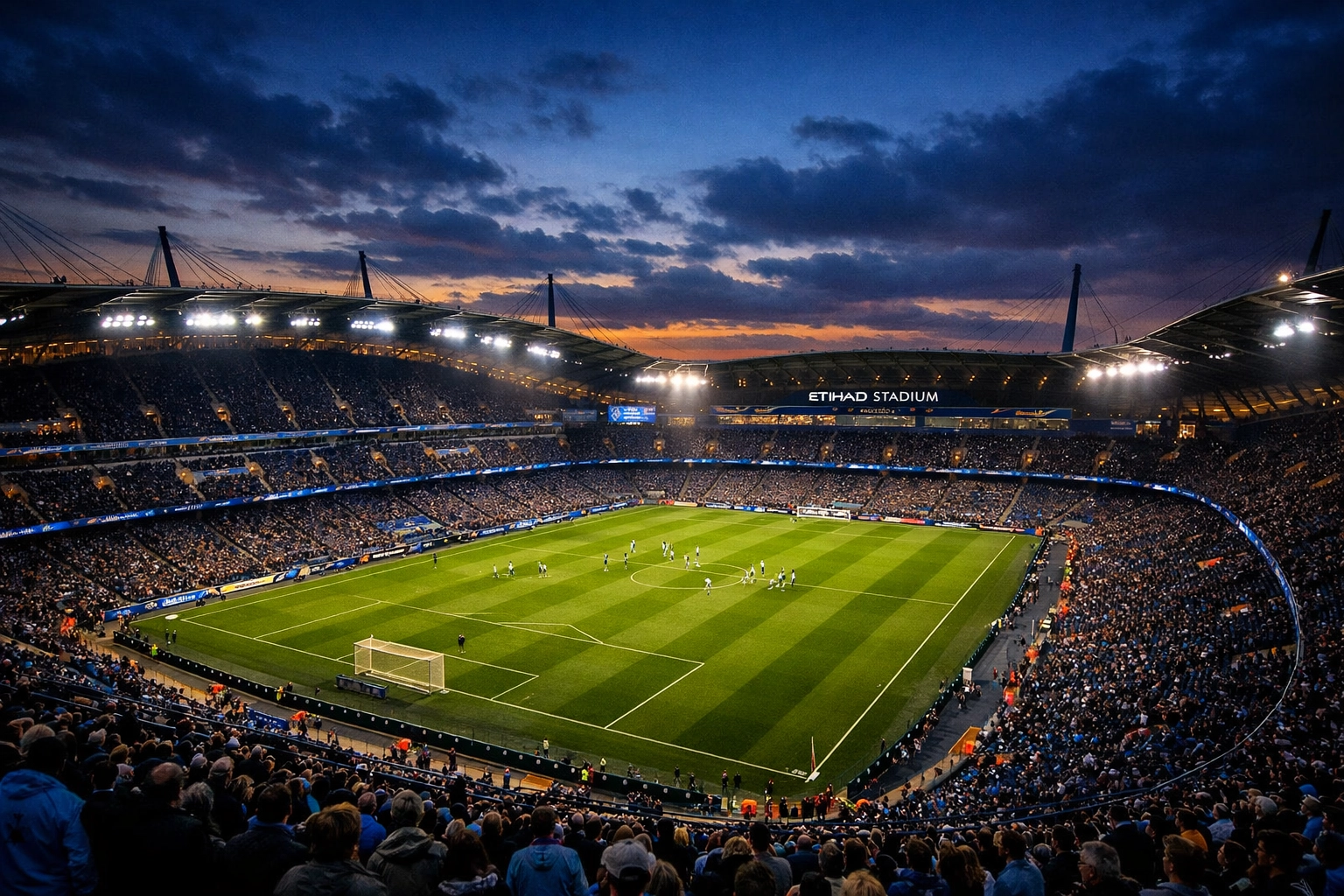 Etihad Stadium bei Flutlicht vor Premier League Topspiel Manchester City gegen Arsenal