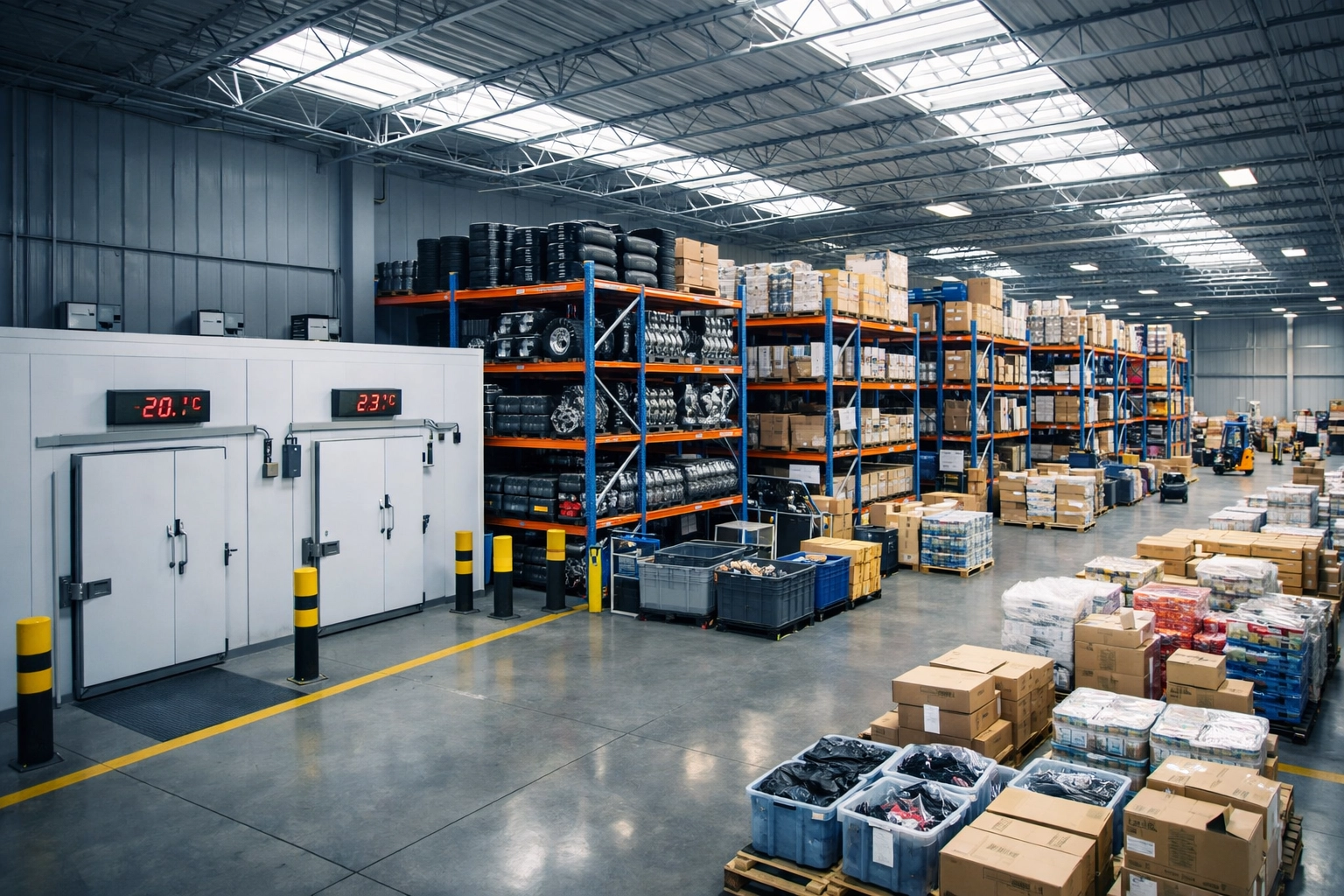 Modern warehouse showing pharmaceutical, automotive, and retail supply chain operations