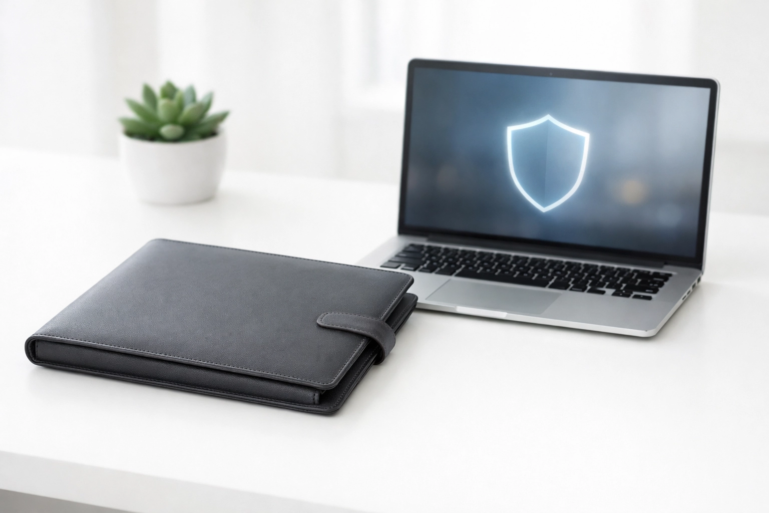 Secure tax document folder and laptop with security shield highlighting data protection for tax preparers.